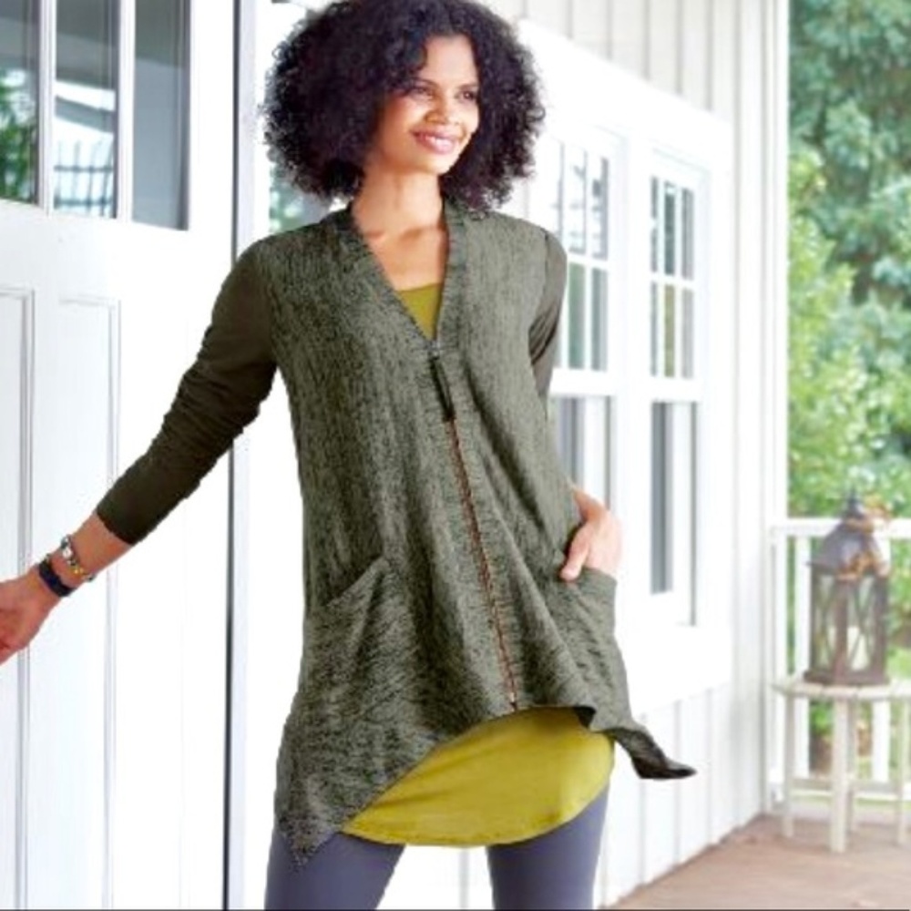 LOGO Lori Goldstein Knit Cardigan Faux Suede S